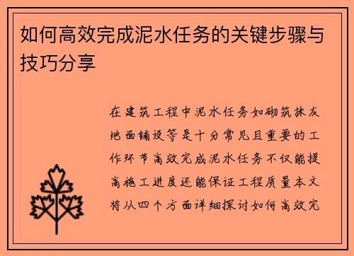 如何高效完成泥水任务的关键步骤与技巧分享